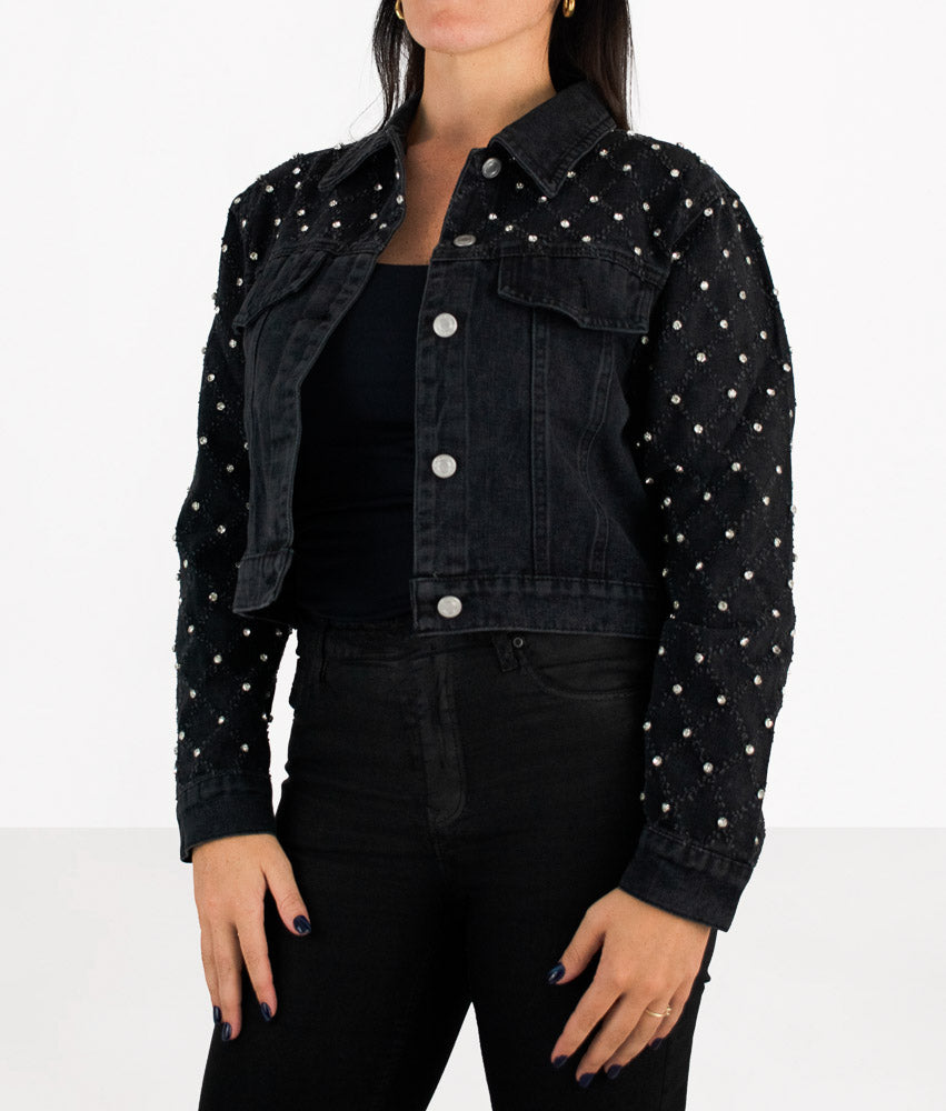 Black denim jacket with hot sale rhinestones